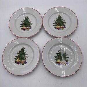 Cuthbertson American Christmas Tree Porcelain Salad Plates 8" Lot of 4 Red Trim